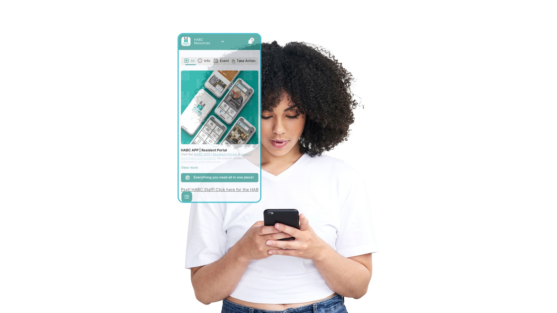 Young woman receiving a push notification from the Homes4Good app on her smartphone.
